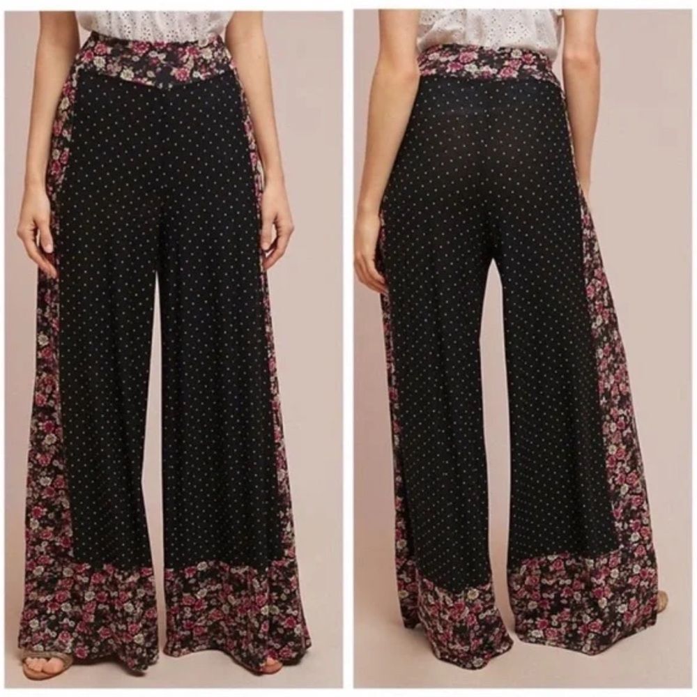 Anthropologie Black Polka Dot Wide-Leg Pants with Pink Floral Trim